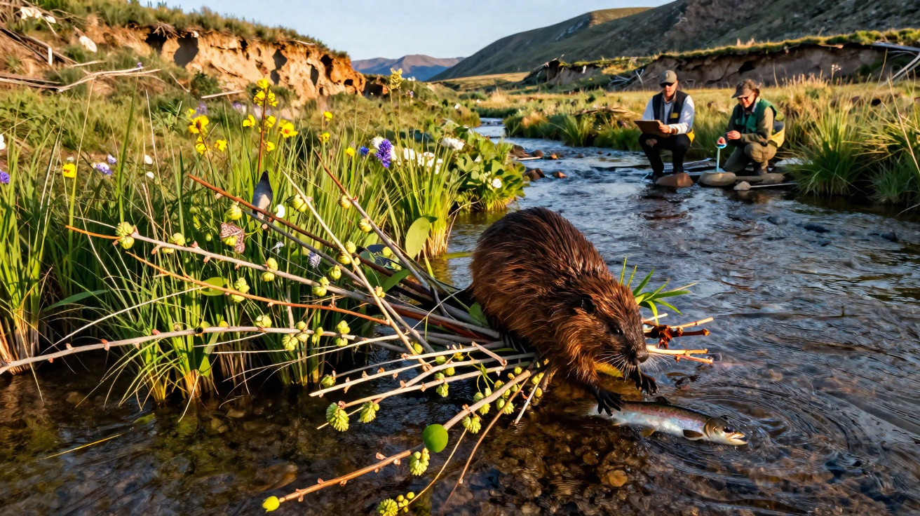 Castor sortant de l'eau avec un poisson dans la gueule, deux pêcheurs en arrière-plan dans un ruisseau.