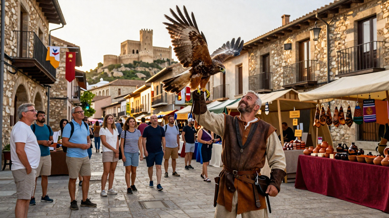 Homme en costume médiéval tenant un grand faucon dans un marché en plein air avec château en arrière-plan.