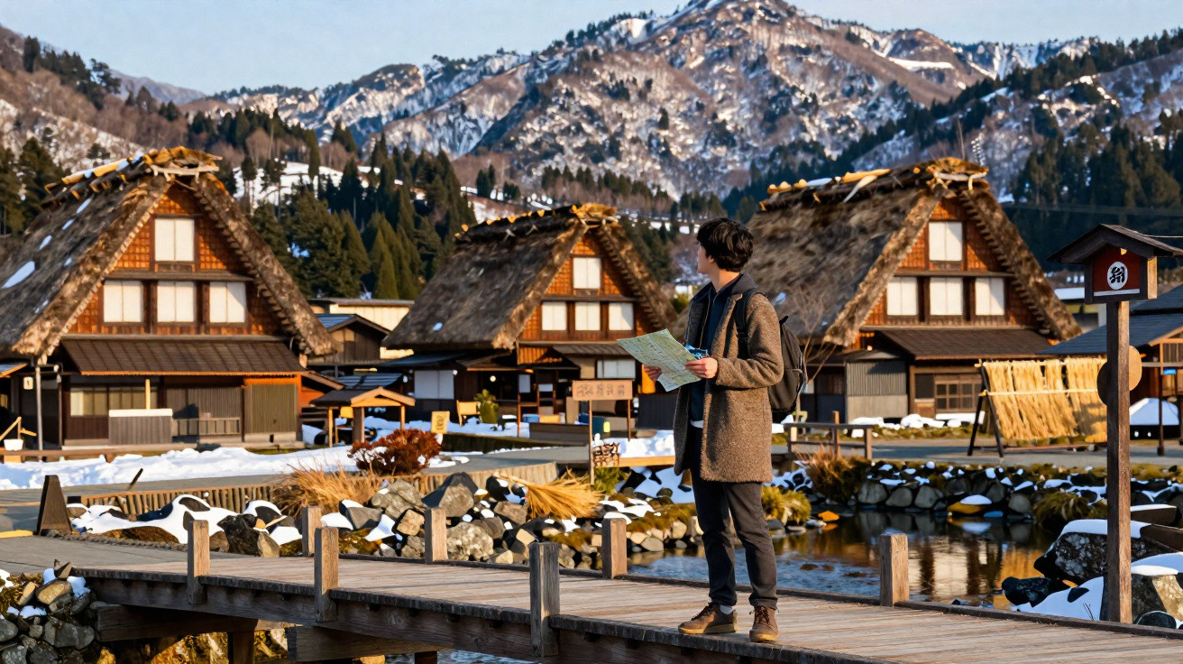Personne avec carte sur un pont en bois devant des maisons traditionnelles et montagnes enneigées en arrière-plan.