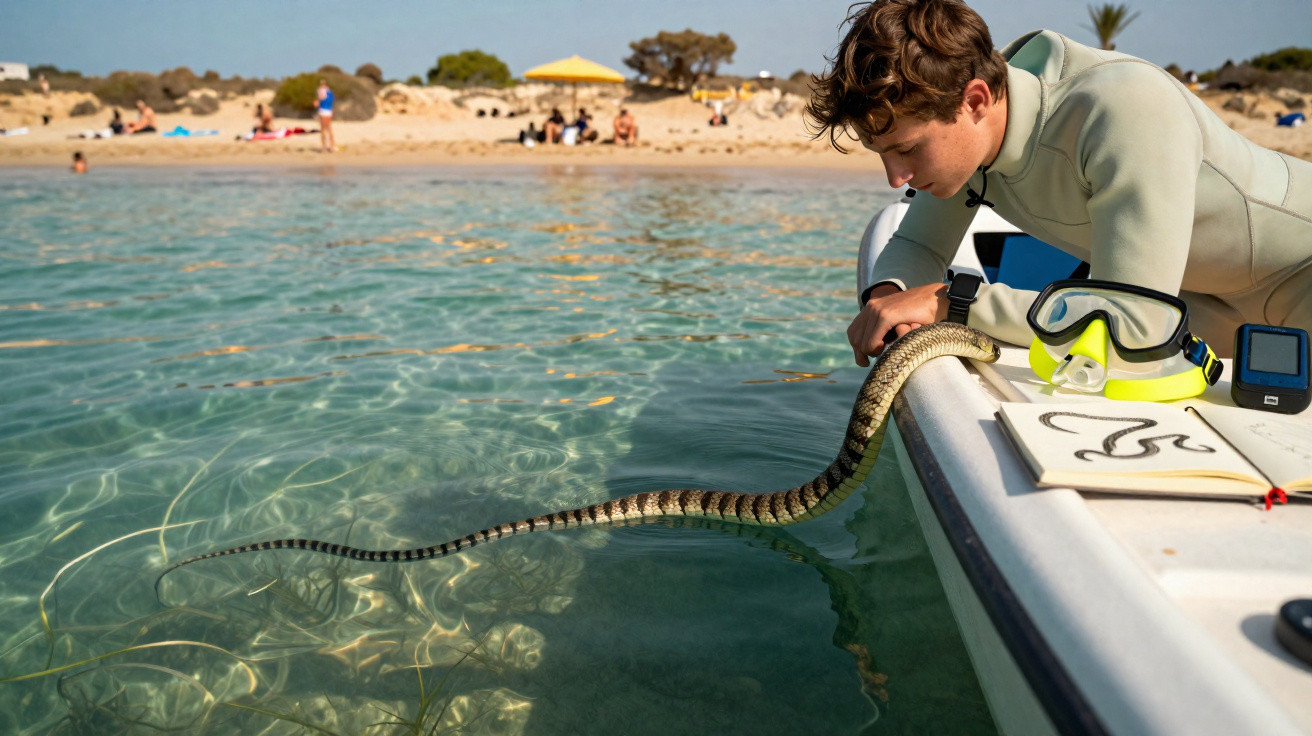 Jeune homme en combinaison de plongée observe un serpent de mer depuis un bateau près d’une plage.