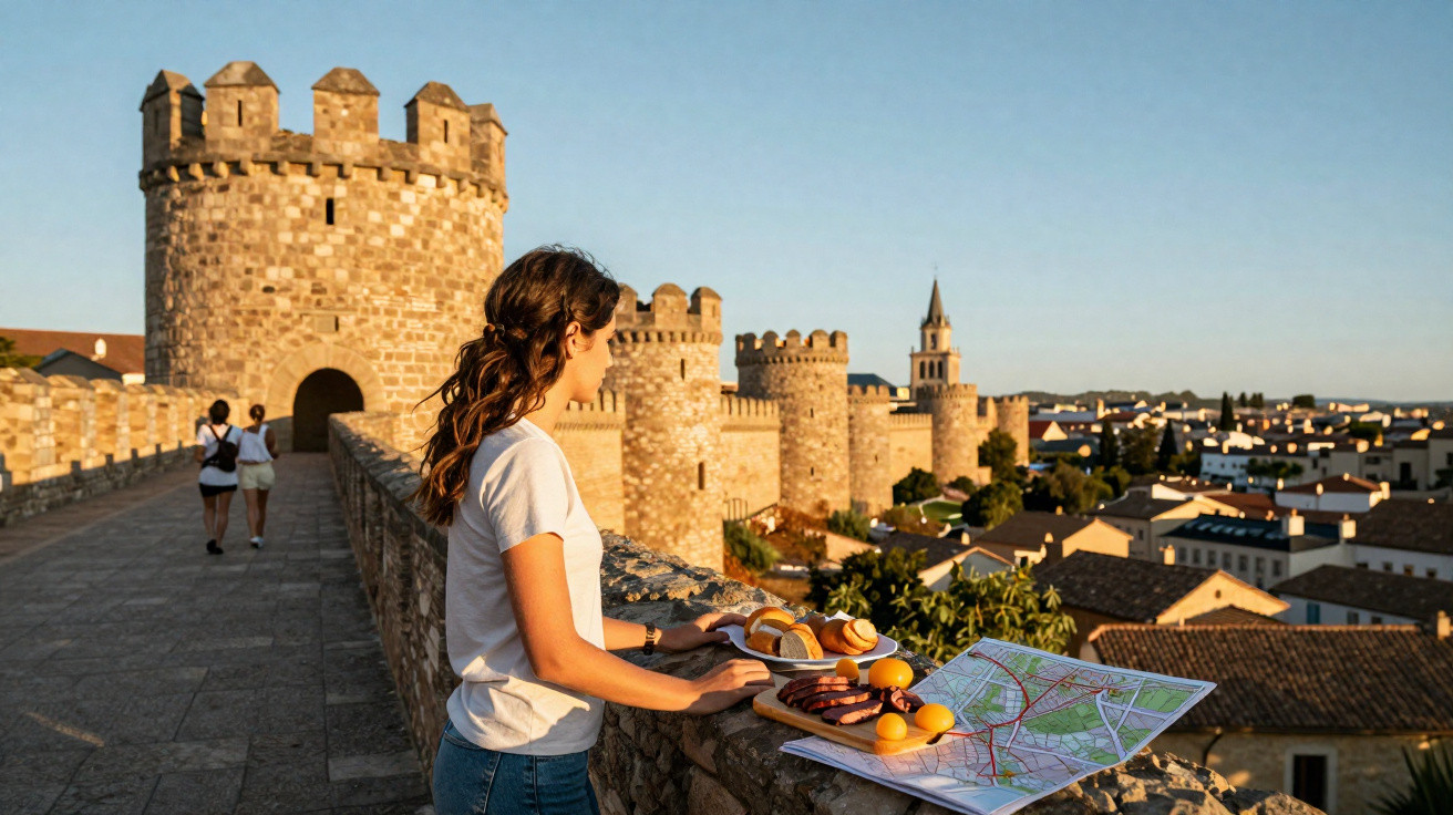 Jeune femme avec une carte et des pâtisseries sur les remparts d’une ville médiévale au coucher du soleil.