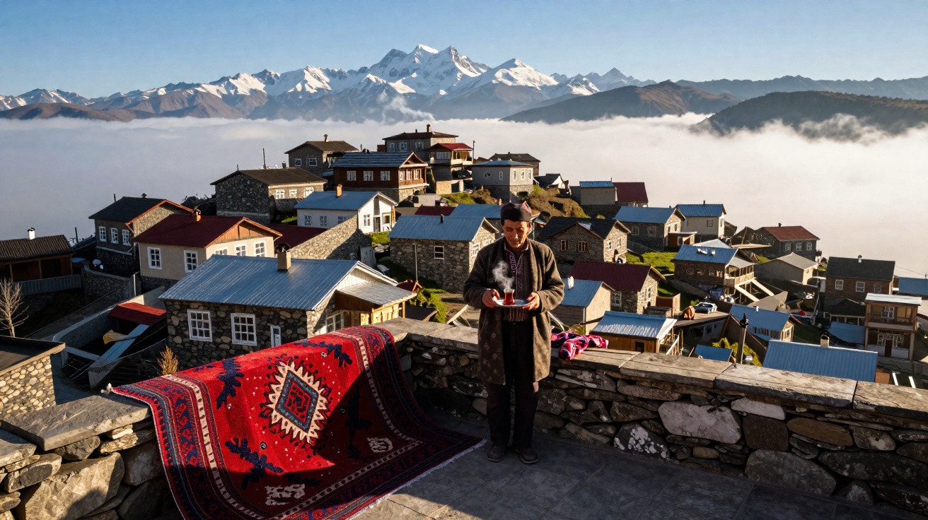 Village de montagne ensoleillé avec maisons en pierre, tapis coloré et homme tenant un plateau de thé.