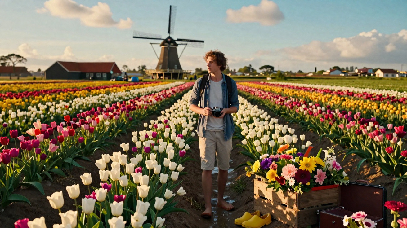 Jeune homme avec appareil photo dans un champ de tulipes colorées, moulin à vent en arrière-plan sous un ciel bleu.