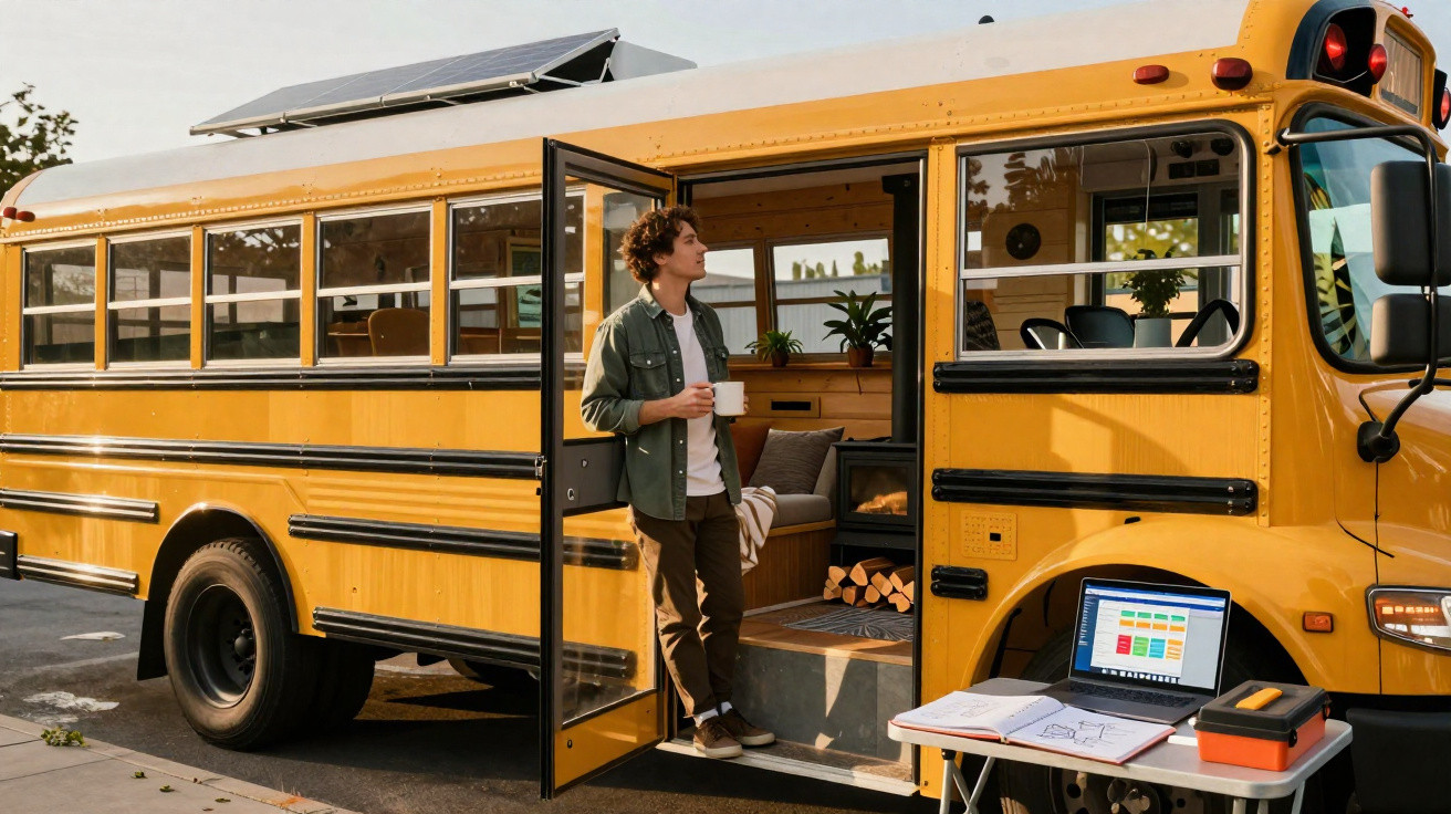 Jeune homme debout à l'entrée d'un bus scolaire jaune transformé en maison mobile avec panneau solaire sur le toit.