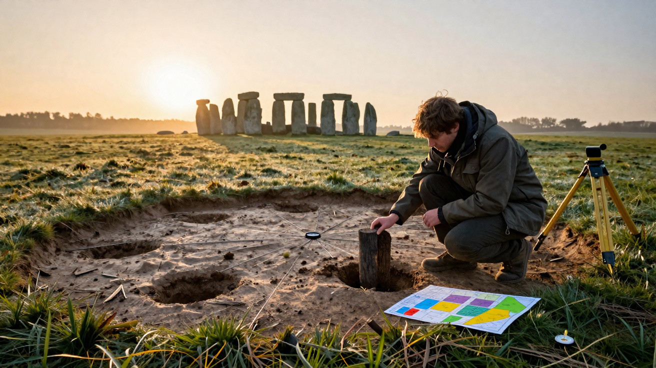 Un archéologue fouille un site autour de Stonehenge au lever du soleil avec un plan coloré au sol.
