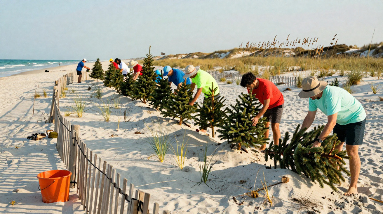 Des personnes plantent des sapins sur une plage sablonneuse derrière une clôture en bois.