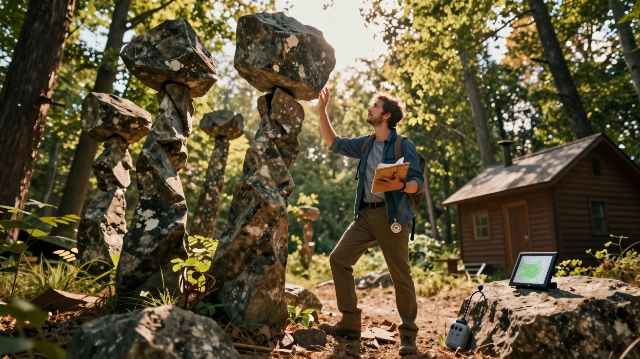 Homme observant des rochers empilés en équilibre dans une forêt, avec une cabane et du matériel en arrière-plan.