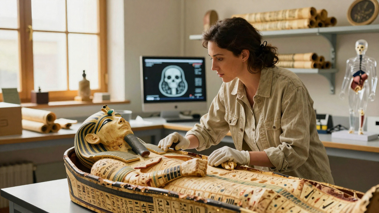 Une femme examinant un sarcophage égyptien ancien dans un laboratoire d'archéologie.