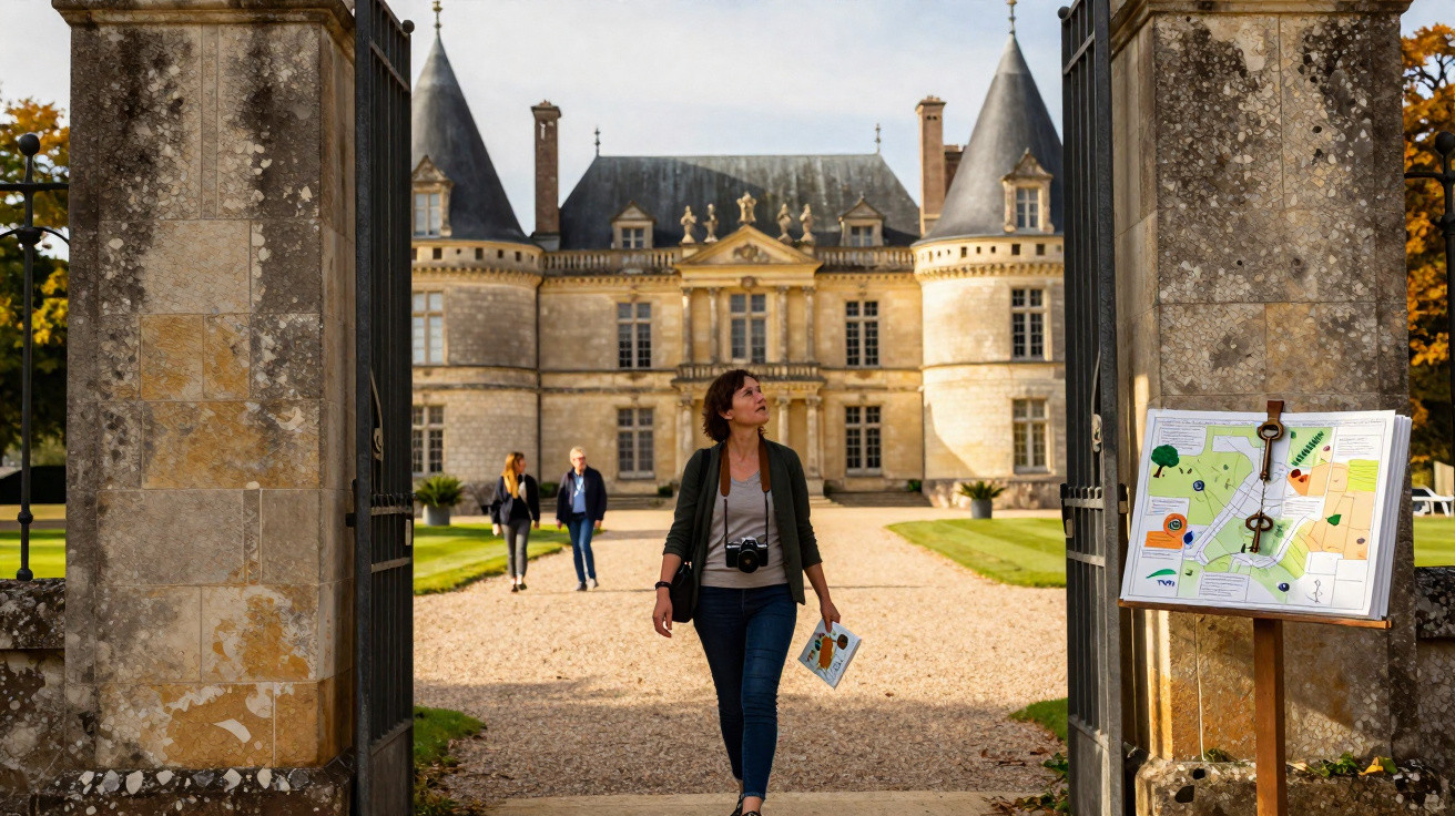 Femme avec carte et appareil photo entrant dans un château ancien sous un ciel clair.