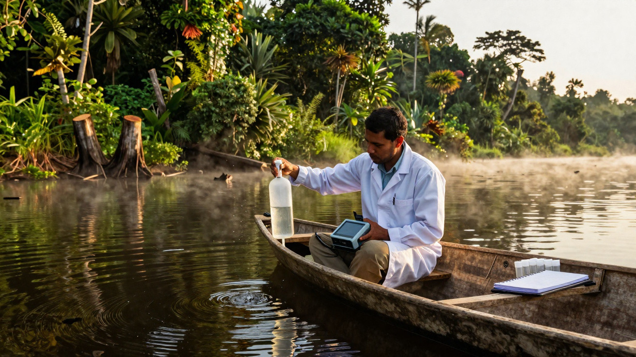 Chercheur en blouse blanche analysant un échantillon d'eau sur une pirogue dans une rivière entourée de végétation dense.