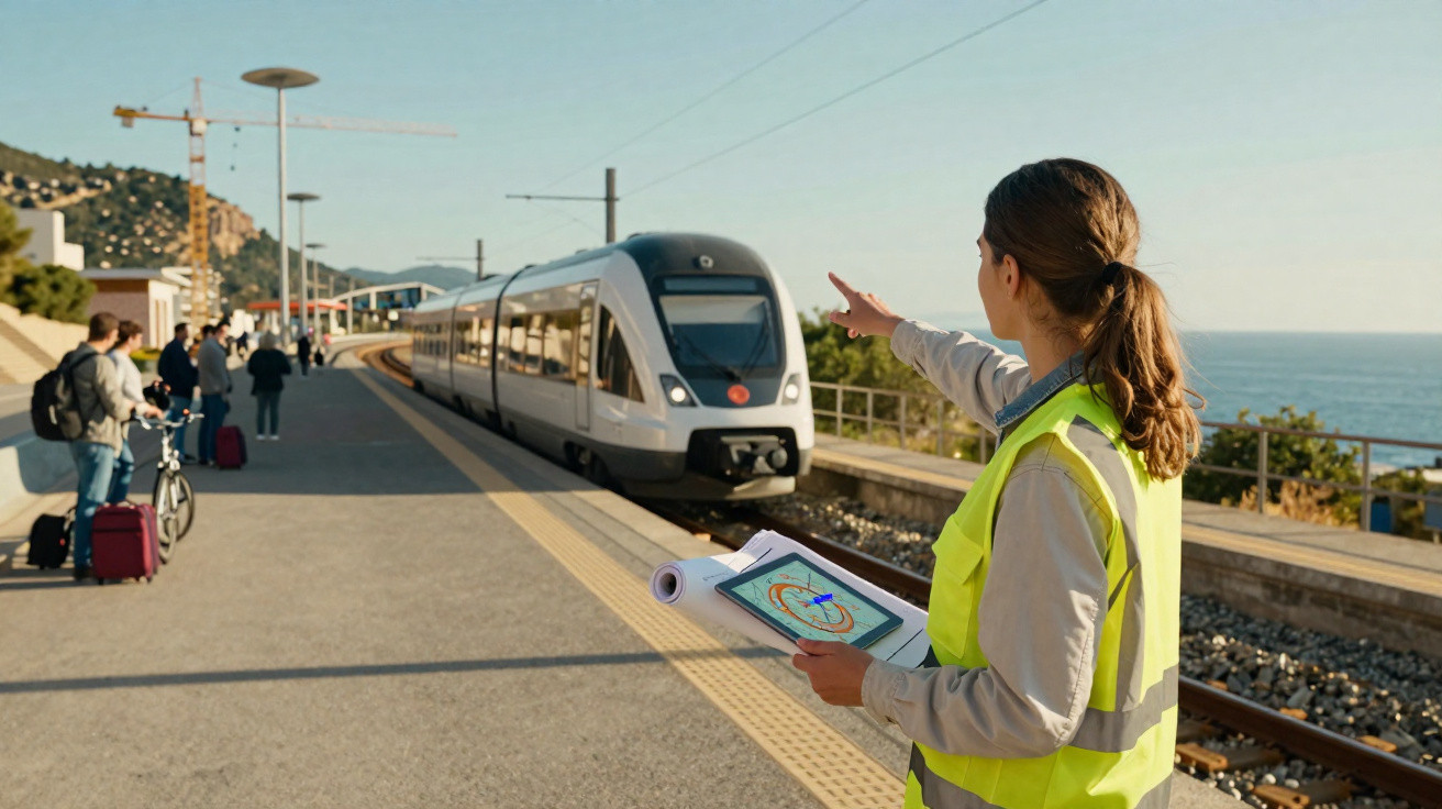 Femme en gilet réfléchissant signalant l’arrivée d’un train moderne en gare en bord de mer, avec des voyageurs.