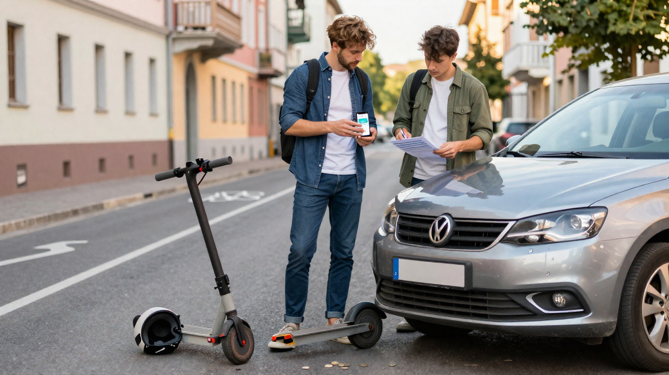 Deux hommes discutent d'un accident entre une trottinette électrique et une voiture garée en ville.