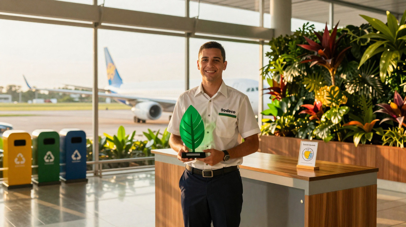 Homme en uniforme tenant un trophée en forme de feuille dans un aéroport avec un avion en arrière-plan.
