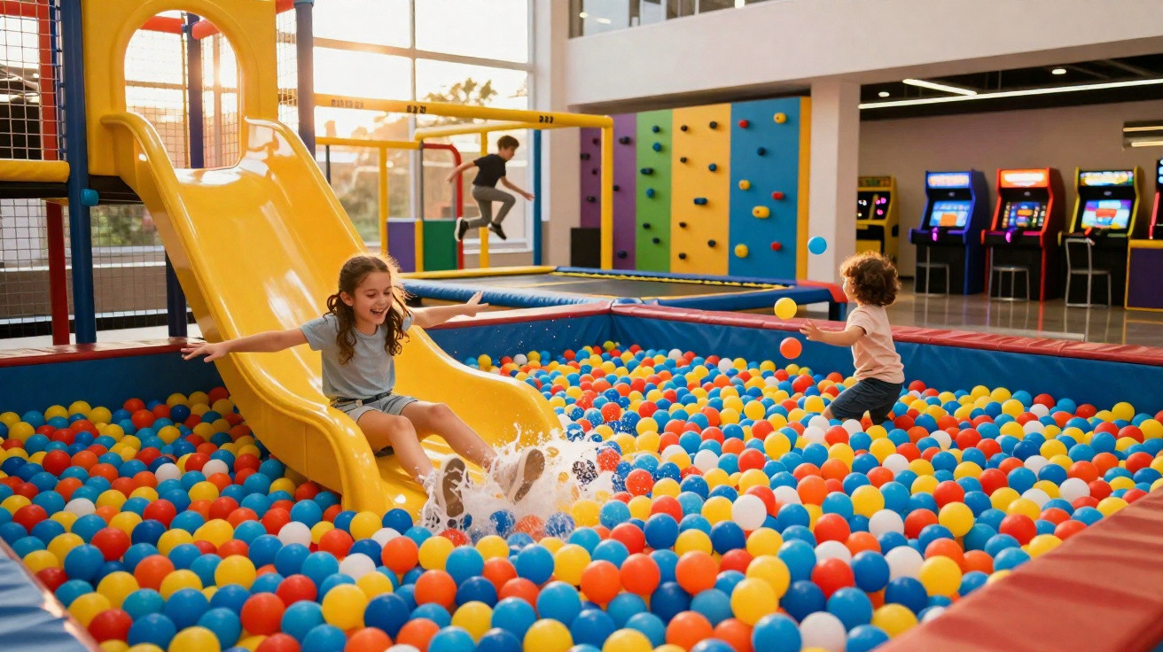 Enfants jouant dans une aire de jeux intérieure avec toboggan, piscine à balles multicolores et mur d'escalade.