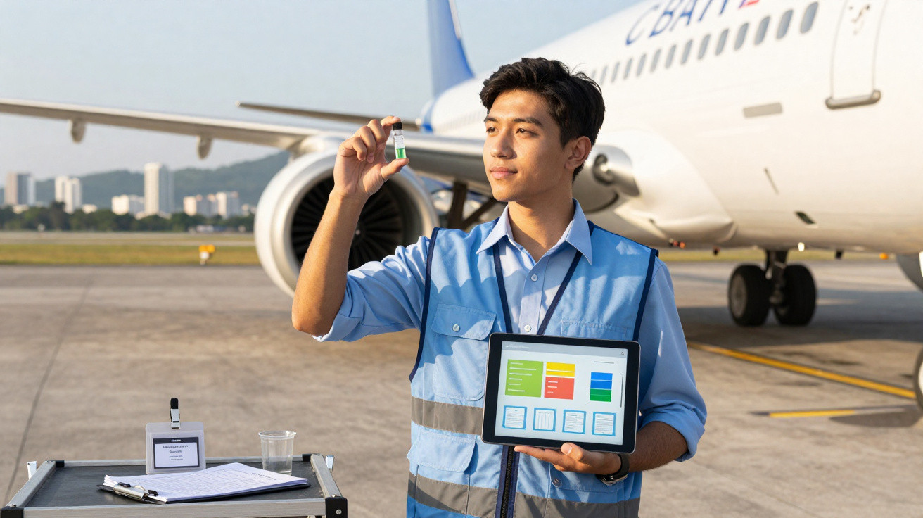 Homme en gilet bleu inspectant un échantillon devant un avion sur le tarmac avec une tablette en main.