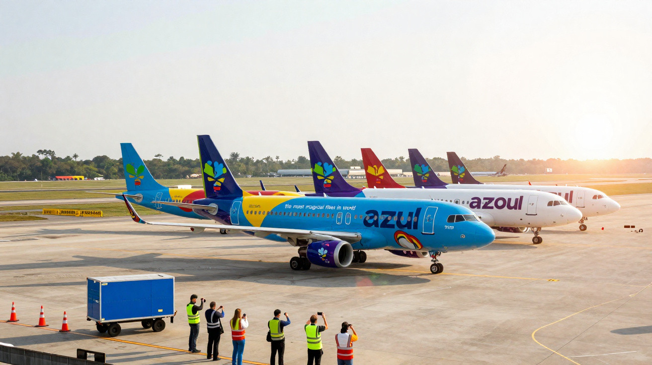 Cinq avions Azul alignés sur un tarmac au coucher du soleil avec des employés au premier plan.