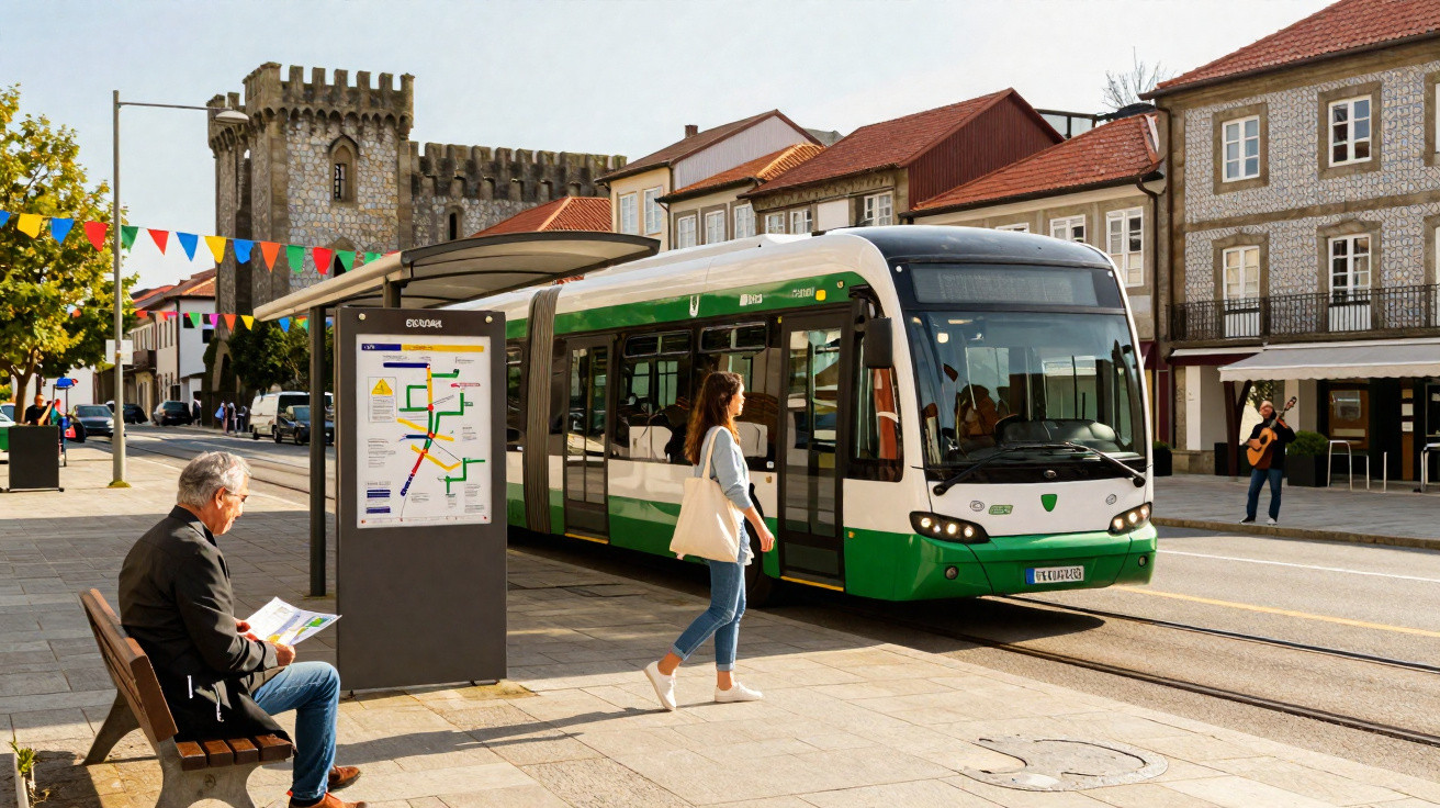 Tram vert et blanc arrêtant devant un abribus en centre-ville avec passagers et bâtiments historiques.