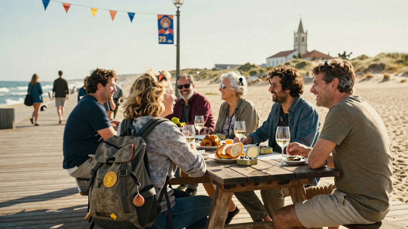 Groupe d'amis partageant un repas et du vin blanc autour d'une table en bois sur une plage ensoleillée.