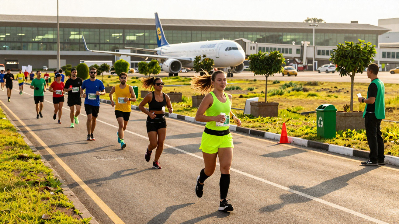 Des coureurs en tenue de sport participent à une course près d’un avion garé devant un terminal d’aéroport.