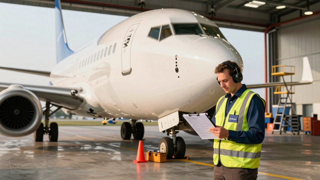 Homme en gilet réfléchissant vérifiant une liste de contrôle devant un avion blanc dans un hangar.