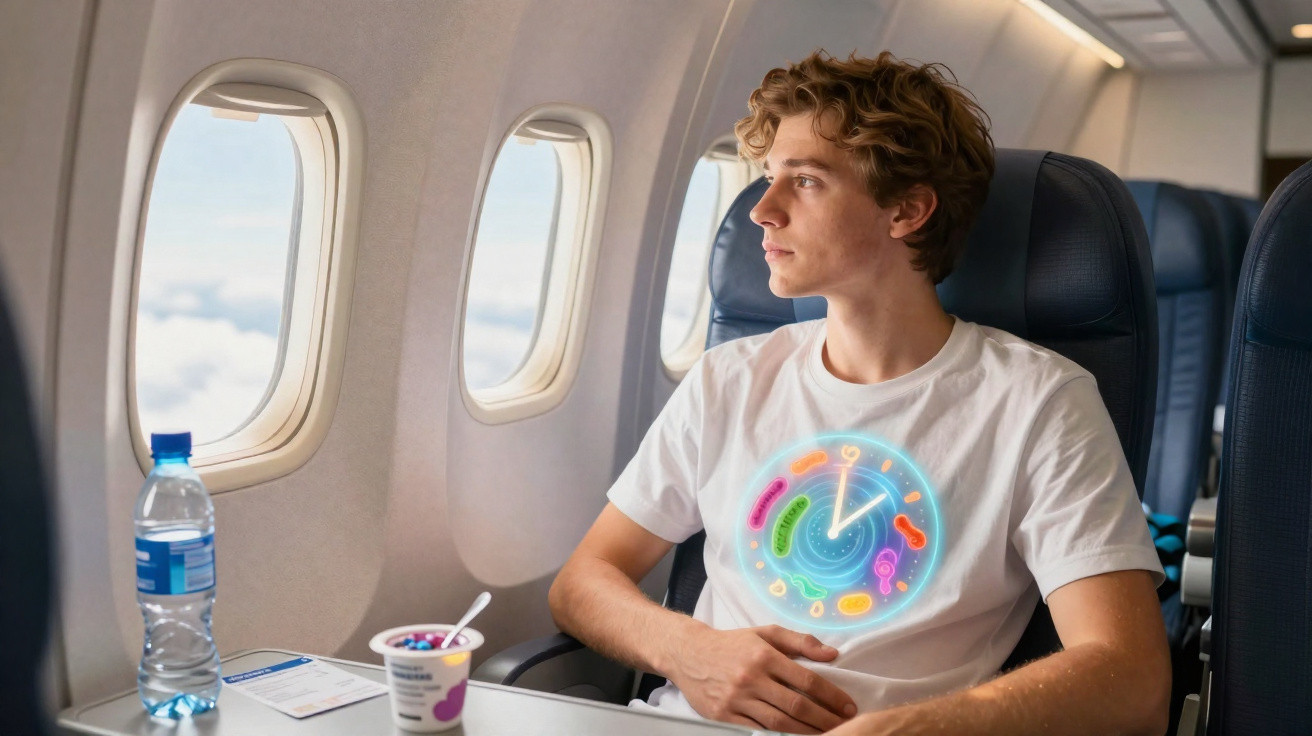 Jeune homme assis près du hublot d'un avion avec une illustration lumineuse d'horloge sur son torse.