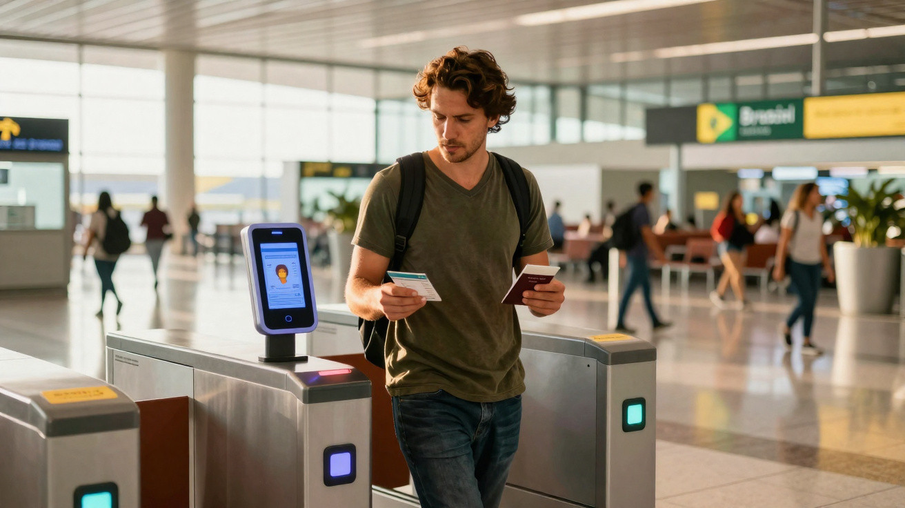Homme avec sac à dos passant un contrôle d'identité automatisé à l'aéroport en tenant passeport et billet.