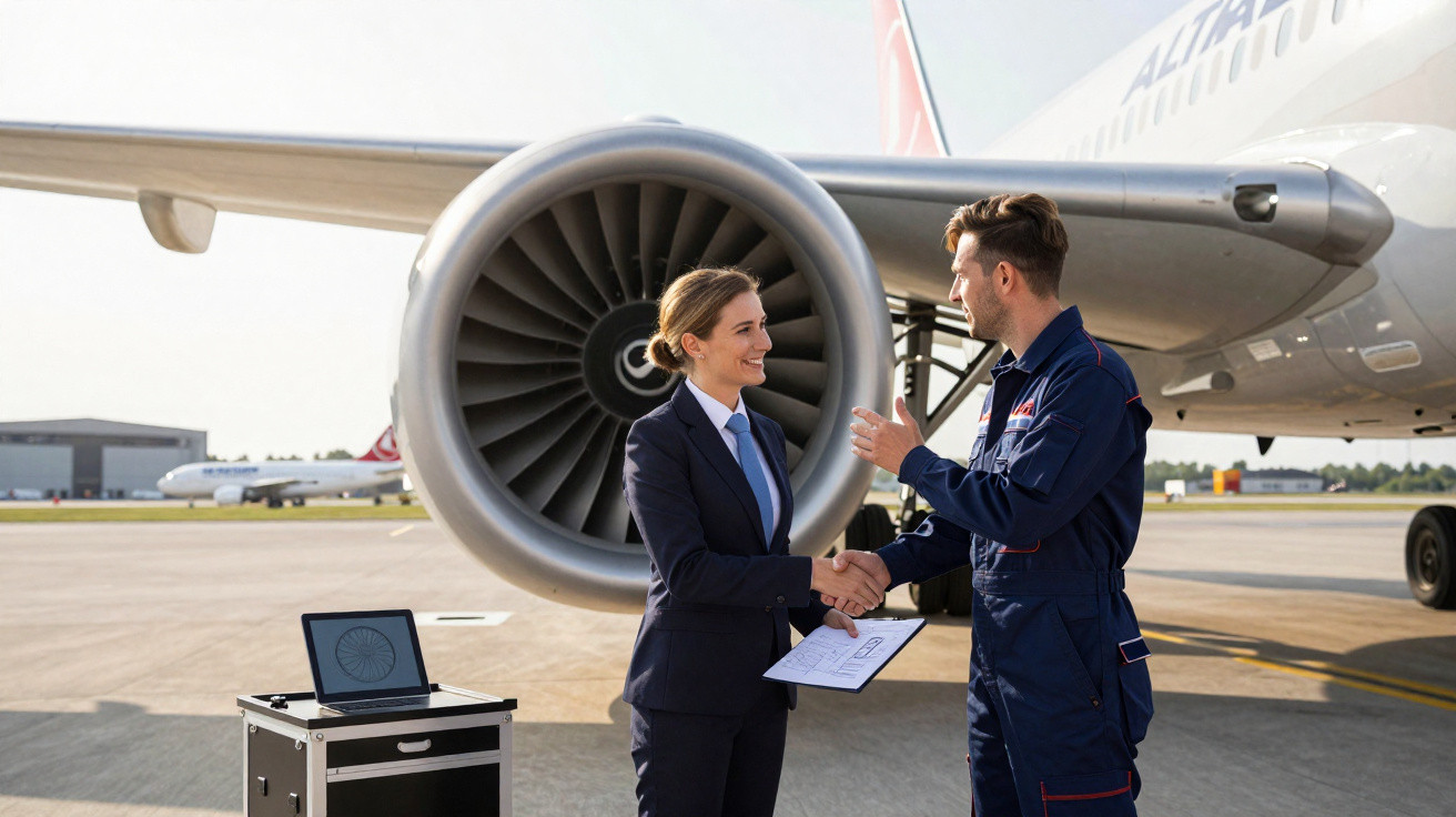 Une pilote et un technicien aéronautique se serrent la main devant un moteur d’avion sur le tarmac.