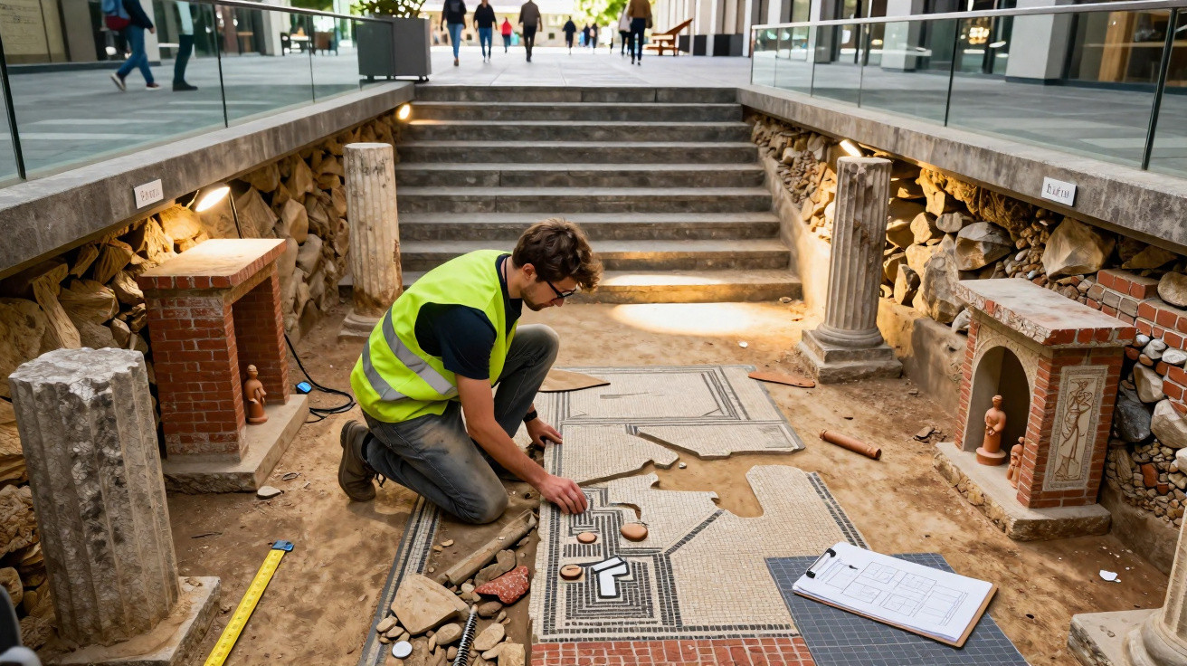 Un archéologue en gilet jaune restaure une mosaïque romaine dans une zone fouillée en ville.