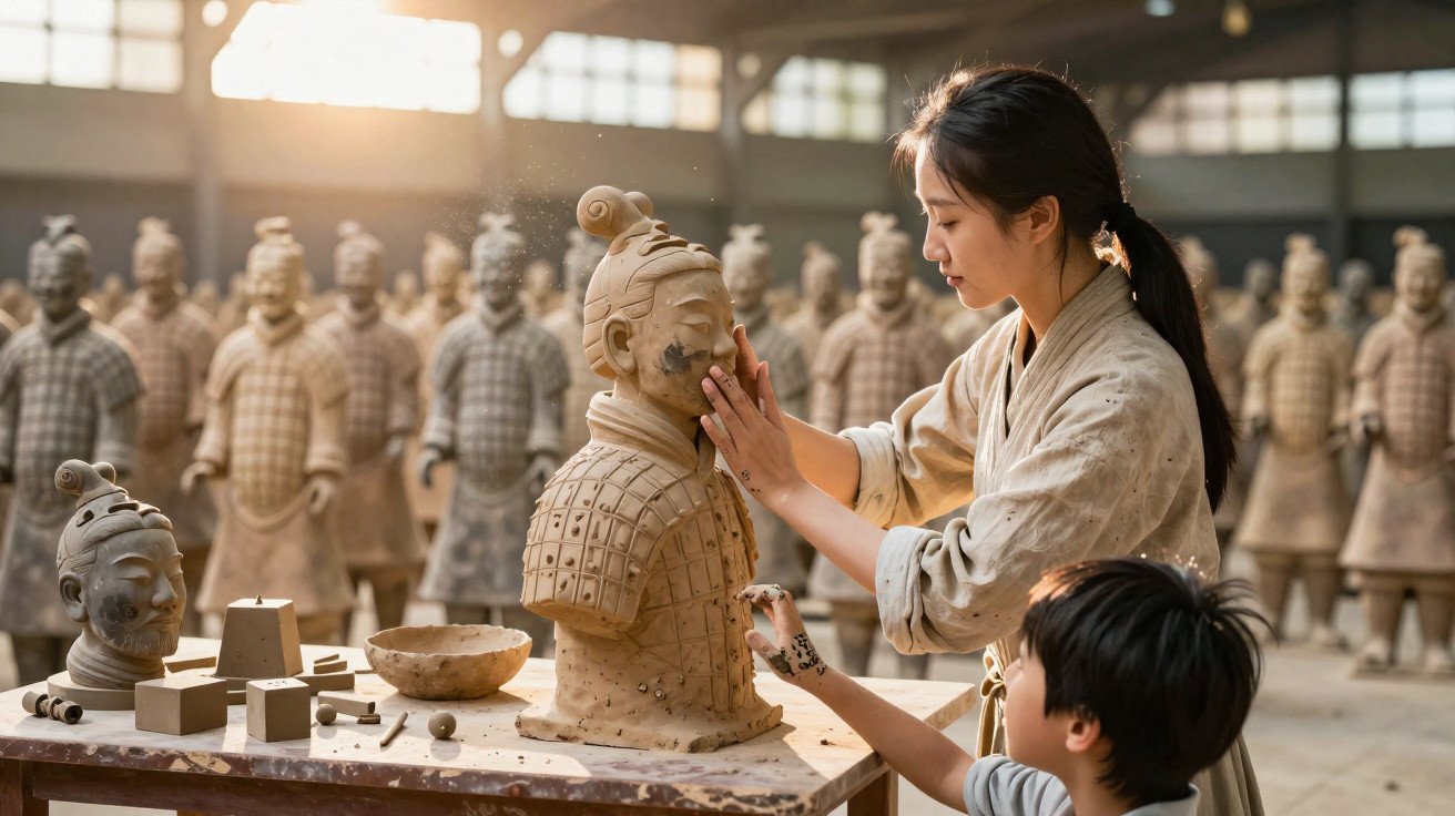 Une femme et un enfant restaurent une statue de guerrier en terre cuite dans un atelier rempli de statues similaires.