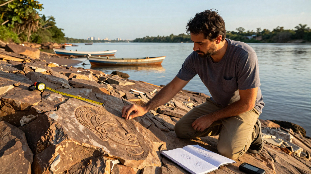 Homme examinant une gravure ancienne sur un rocher au bord de l'eau avec cahier, mètre et bateaux à l'arrière-plan.